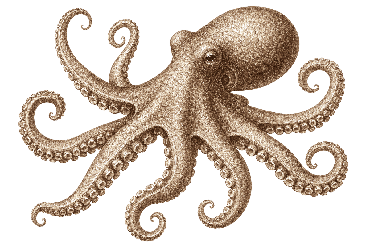 A detailed sepia scientific engraving of an octopus, arms curling outward